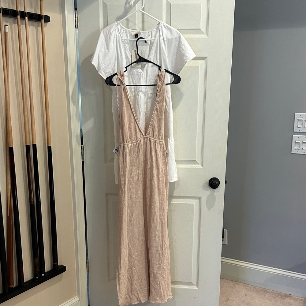Beige Sleeveless bathing suit coverup/dress. 2 pieces. White dress.  Tan is S
